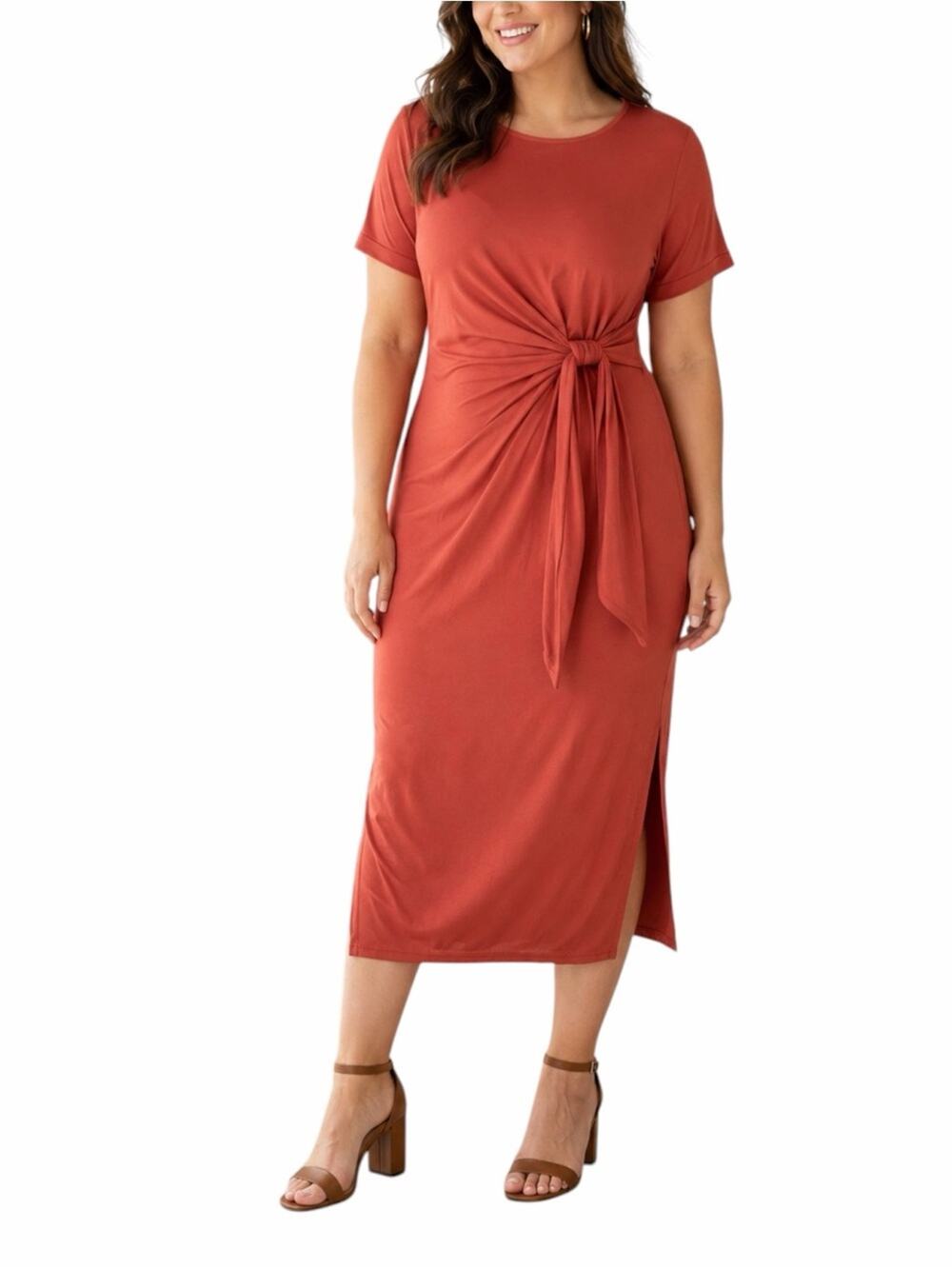 ANRABESS Maxi Dress XXL Tie Waist Side Slit Stretch Rust Orange Short Sleeve NWT